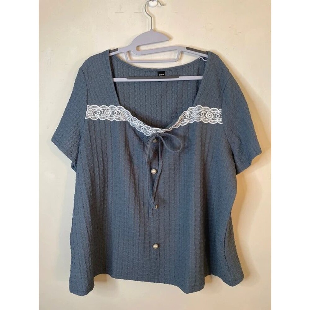 Blue Lace And Pearl Button Detail Top